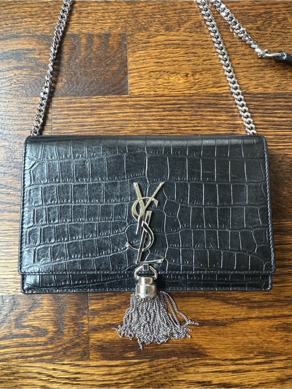 Saint Laurent Black Croc-Embossed Tassel Chain Crossbody